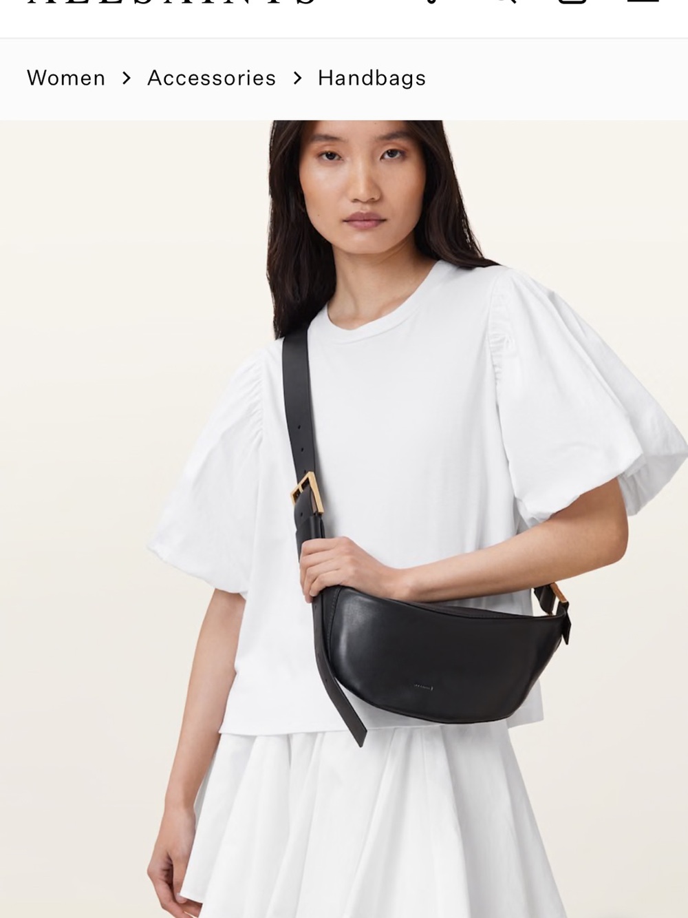 AllSaints Luna Black Leather Crossbody Belt Bag with Gold Buckle